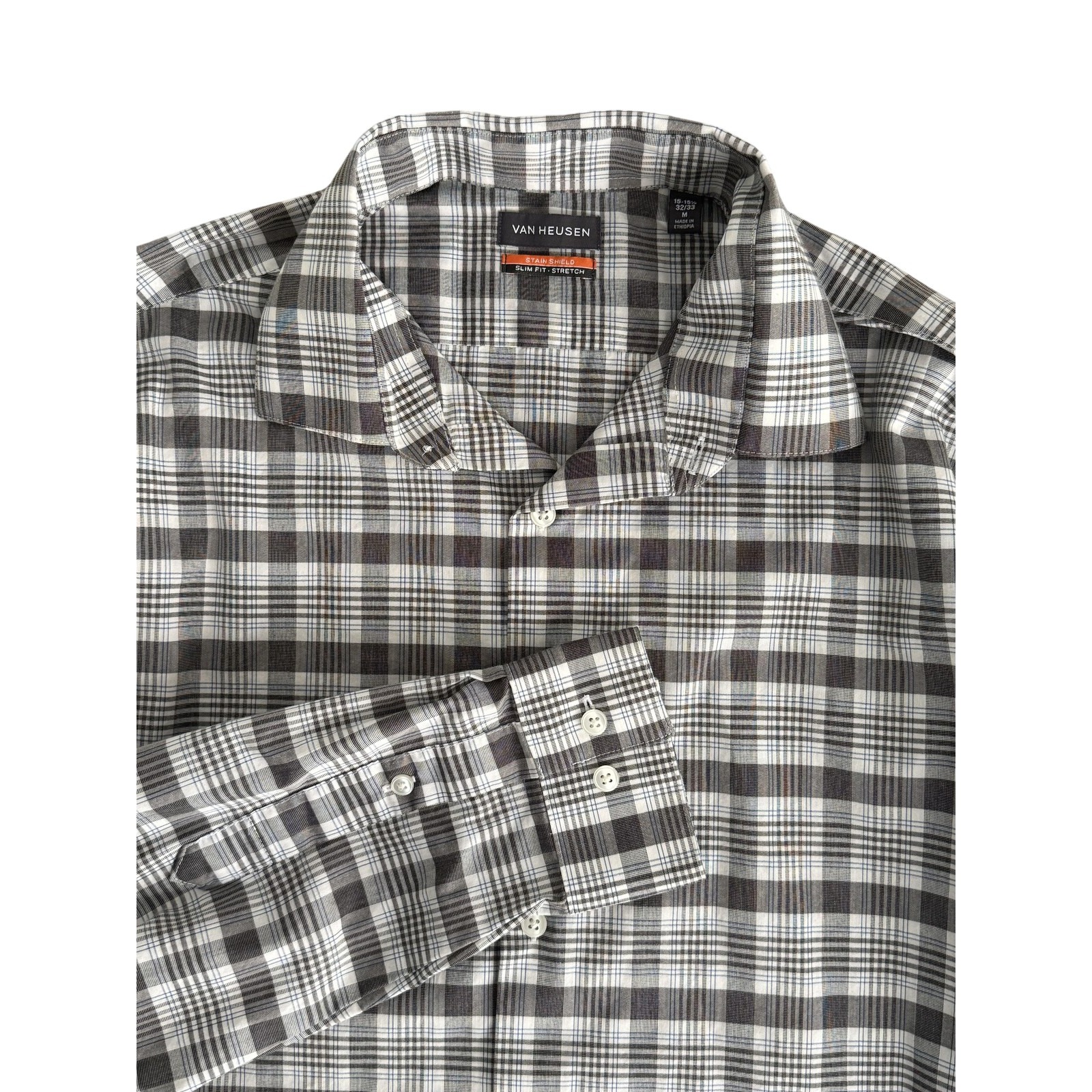Van Heusen Shirt Mens 15.5 32/33 Gray Plaid Slim Fit Stain Shield Stretch